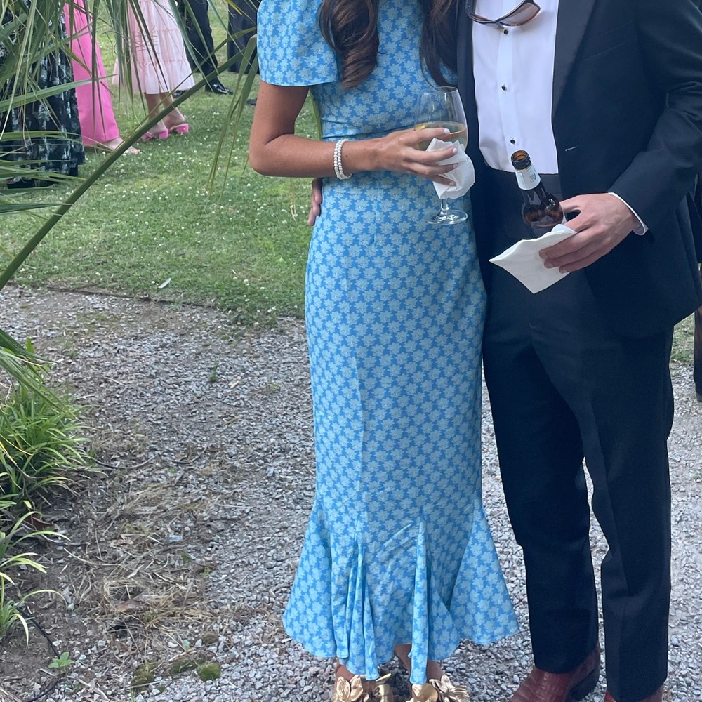 RHODE Blue Midi Dress with Puff Sleeves